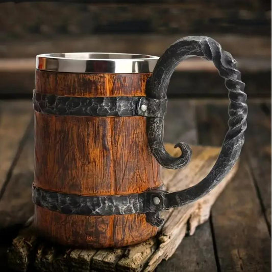 Viking Beer Mug, Double Wall Insulated Whiskey Barrel Cup, Viking Wood Style Beer Mug, Wooden Gift Antique Arrel Capacity